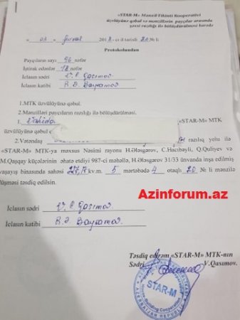 “STAR-M” MTK vətəndaşın xəbəri olmadan aldığı 250 minlik mənzili başqasına satıb “STAR-M” MTK vətəndaşın xəbəri olmadan aldığı 250 minlik mənzili başqasına satıb