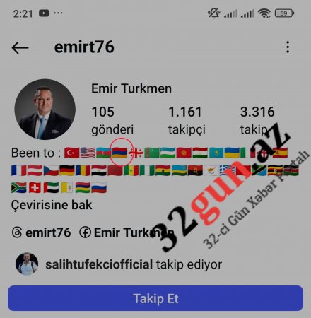 `Azərlotereya` ASC-nin vəzifəli şəxsi `İnstaqram`da erməni bayrağı paylaşıb
